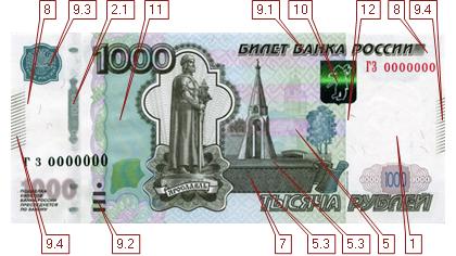 Фото лицевой стороны 1000 рублевой банкноты образца 1997 г. (модификации 2010 года)  (26566 bytes)