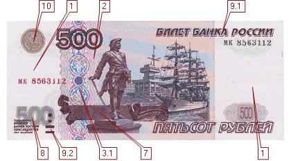 левая сторона купюры 500 рублей модификации 2001 г  (23257 bytes)