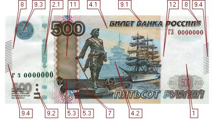 левая сторона купюры 500 рублей модификации 2010 г  (26942 bytes)