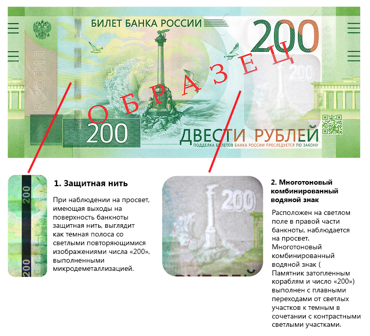 Подтверждение подлинности купюр. Признаки подлинности 200 купюры. Защитные признаки 200 рублей.